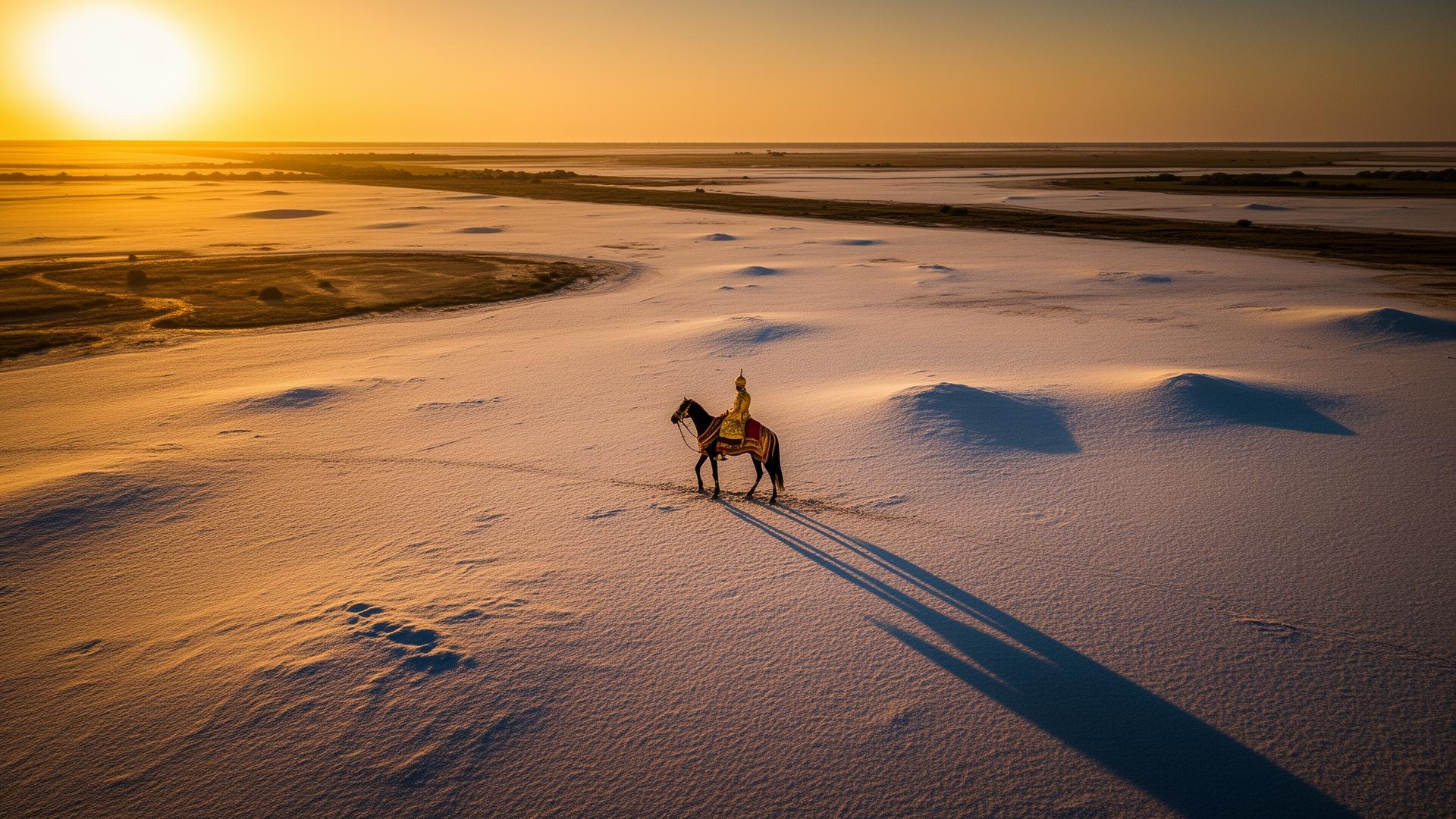 Royal traveller across the white salt desert of Kutch at golden hour